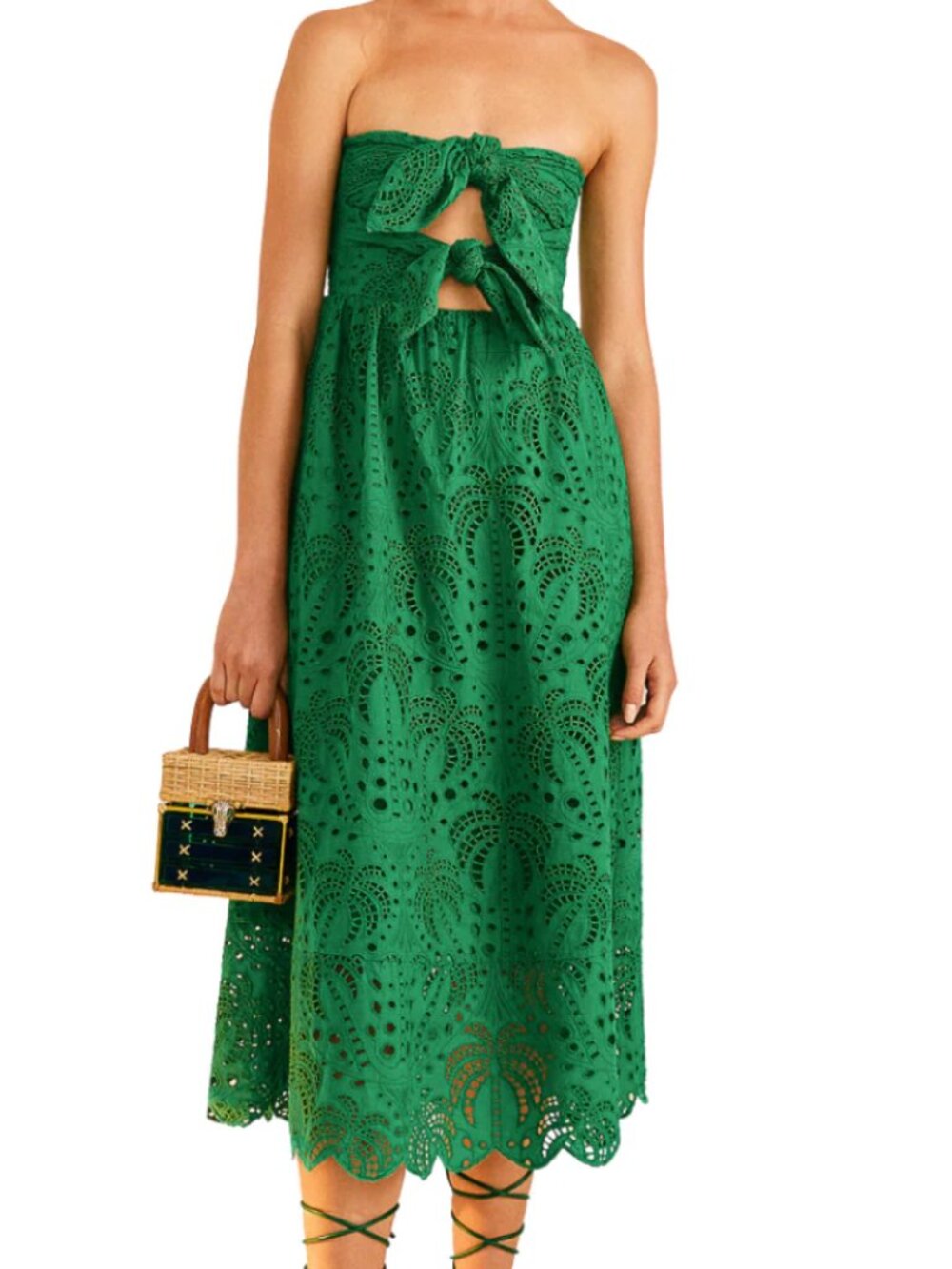 Farm Rio Coconut Tree Richelieu Eyelet Midi Dress Green Strapless [XS]